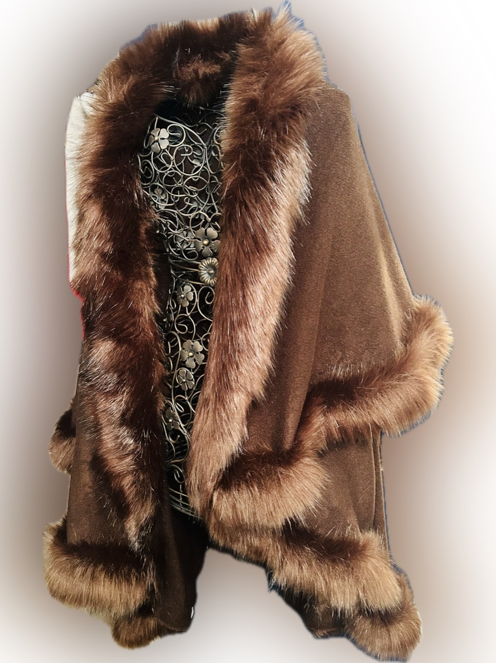 Elegant Brown Faux Fur Trim Wrap Sweater Shawl